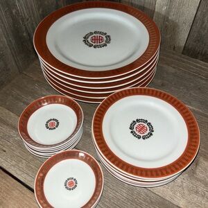 Classic Porcelain Dinner Plates with Red Border and Emblem - Set